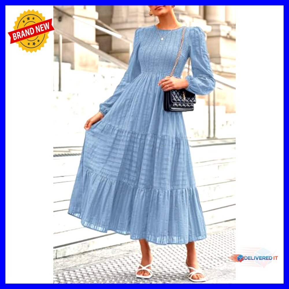 Long Sleeve Smocked Maxi Dress with Pockets, High Waist Tiered Flowy - Picture 2 of 7